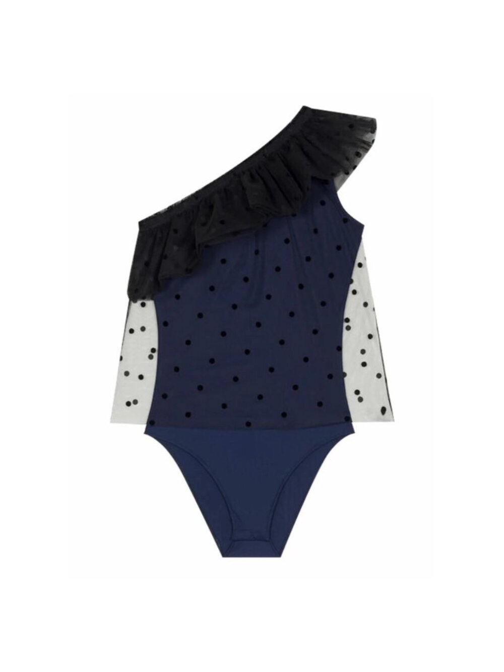 Maje One-Shoulder Ruffle Bodysuit Black Navy Asymmetrical Mesh Polka Dot Size 2